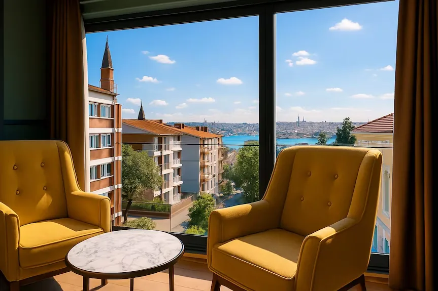 Fragments Hotel'de deniz manzaralı odanın sarı koltukları ve ahşap ayrıntıları